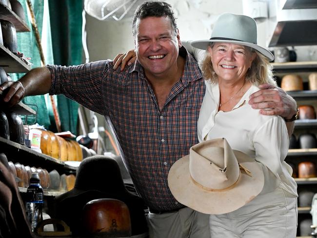 Outgoing Akubra chairman Stephen Keir and Nicola Forrest, with her dad’s old Akubra at the Akubra factory in Kempsey. Picture: Jeremy Piper