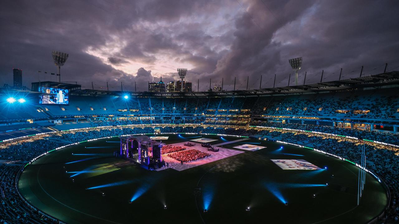 Melbournes MCG is packed with over 50 000 mourners for the Shane Warne Funeral. Picture: Jason Edwards