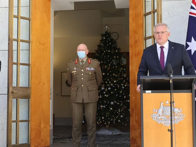 Prime Minister Scott Morrison speaking after Thursday’s national cabinet meeting. Picture: NCA NewsWire / Gary Ramage