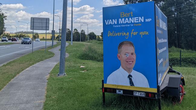 A trailer promoting incumbent MP Bert van Manen on Days Rd in Upper Coomera. Picture: Keith Woods.