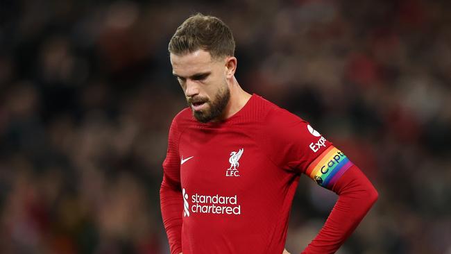 LIVERPOOL, ENGLAND - OCTOBER 29: Jordan Henderson of Liverpool reacts during the Premier League match between Liverpool FC and Leeds United at Anfield on October 29, 2022 in Liverpool, England. (Photo by Nathan Stirk/Getty Images)