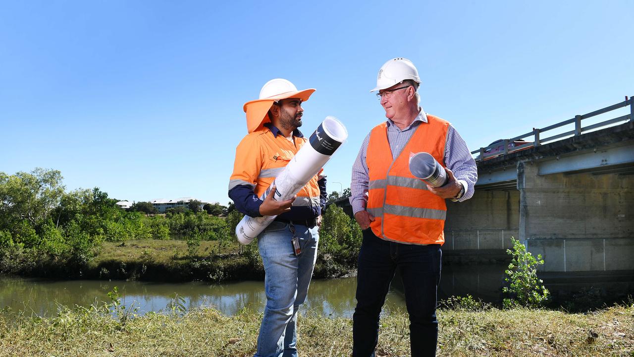 Principal engineer Chris Cherukuri and State Member for Mundingburra, Les Walker, pictured at Bowen Road bridge duplication project. Picture: Shae Beplate.