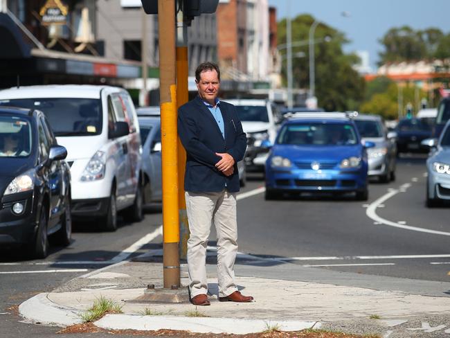 Mosman councillor Simon Menzies in the middle of Spit Junction traffic. Picture: Phil Rogers