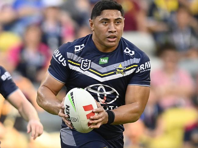 TOWNSVILLE, AUSTRALIA - MARCH 18: Jason Taumalolo of the Cowboys runs the ball during the round three NRL match between North Queensland Cowboys and New Zealand Warriors at Qld Country Bank Stadium on March 18, 2023 in Townsville, Australia. (Photo by Ian Hitchcock/Getty Images)