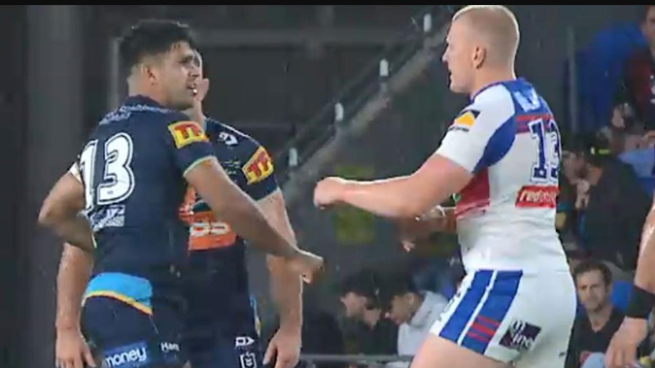 Tyrone Peachey and Mitch Barnett argue after the alleged racial slur.