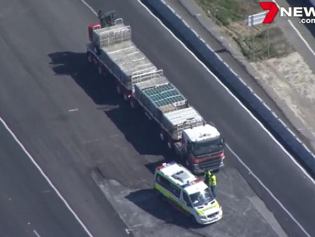 7 News Brisbane helicopter footage of a serious truck and motorcycle crash on the Bruce Highway at Caboolture. Picture: 7 News