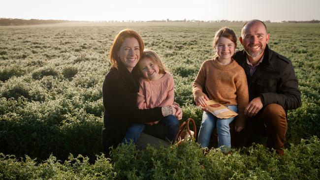 The Pinnaroo Farmer founder Phillipa Lawson with her husband, Skeet, and daughters Annabelle and Georgia. Picture: Matt Turner