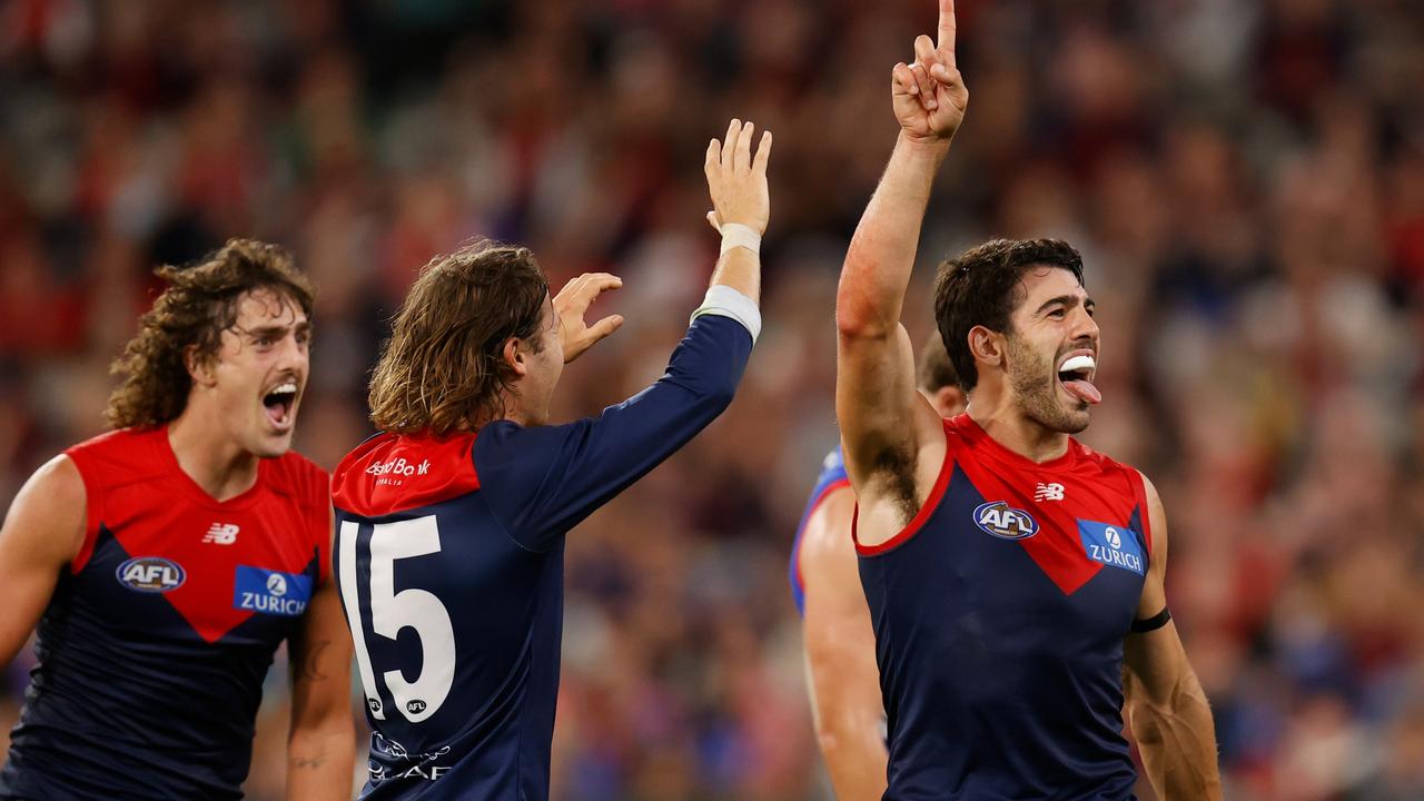 Christian Petracca (right) was on fire against the Dogs. (Photo by Michael Willson/AFL Photos via Getty Images)