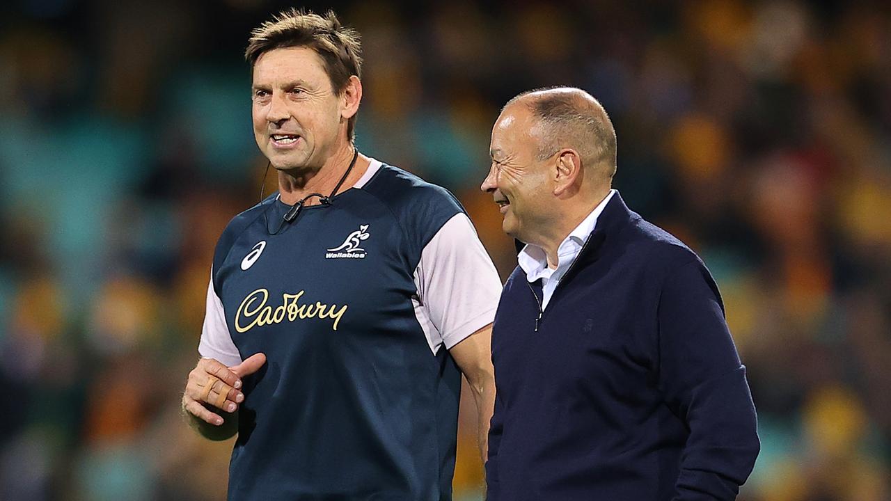 SYDNEY, AUSTRALIA - JULY 16: Wallabies attack coach Scott Wisemantel is seen speaking with England coach Eddie Jones before game three of the International Test match series between the Australia Wallabies and England at the Sydney Cricket Ground on July 16, 2022 in Sydney, Australia. (Photo by Cameron Spencer/Getty Images)