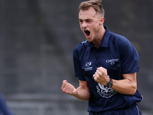 Crone celebrates a wicket for Carlton against Casey South Melbourne earlier this year. Picture: George Sal.