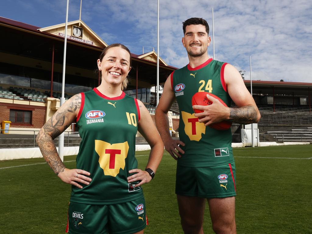 Jessica Wuetschner and Harrison Gunther who will represent Tasmania. Tasmania's Senior Talent Academy men's and women's teams will take on Frankston and North Melbourne at North Hobart Oval. Picture: Nikki Davis-Jones