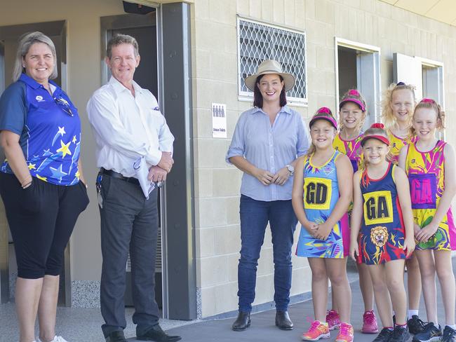 AMENITIES IMPRESS: Capricorn Coast Netball Association's Trina Whitham, Mayor Andy Ireland, and Member for Keppel Brittany Lauga with several Capricorn Coast Netball Association players at the newly opened female amenities at Barmaryee Multi Sports Precinct on Friday. Picture: Contributed