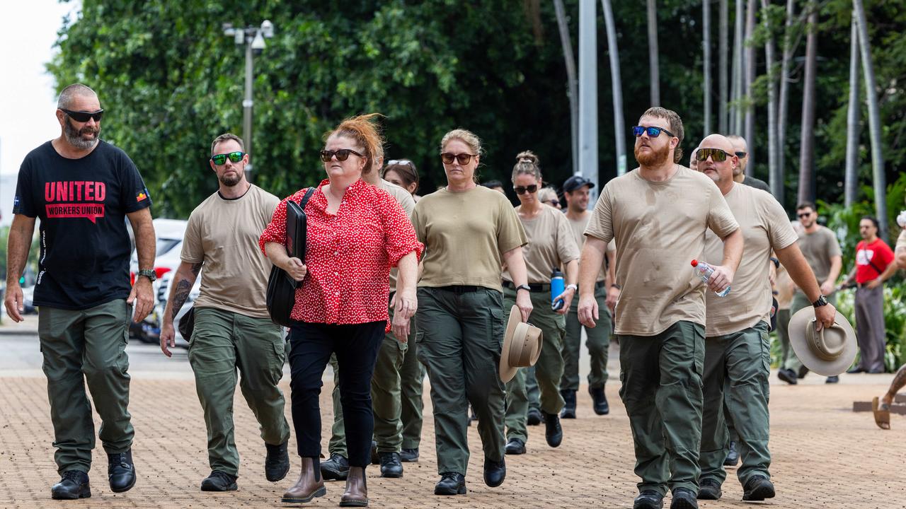 More than 40 Corrections officers and United Workers Union staff marched into the NT Parliament House on Tuesday February 11, 2025. Picture: Pema Tamang Pakhrin