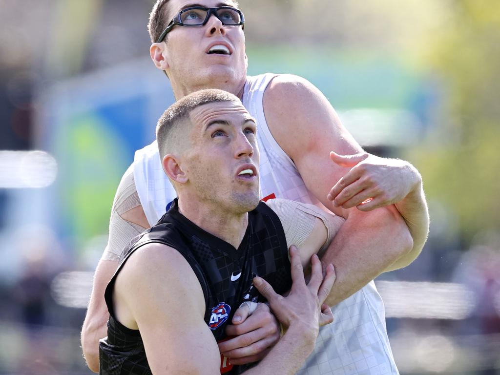 Darcy Cameron battles Mason Cox at pre-season training. Picture: Michael Klein