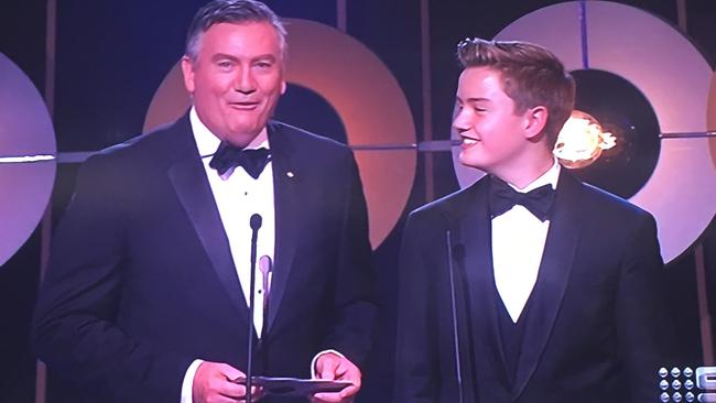 Eddie McGuire and his son Xander presenting at the Logies.