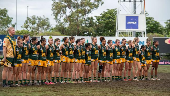 St MaryÃ&#149;s during the National Anthem in the 2023-24 NTFL Women's Grand Final between PINT and St Mary's. Picture: Pema Tamang Pakhrin