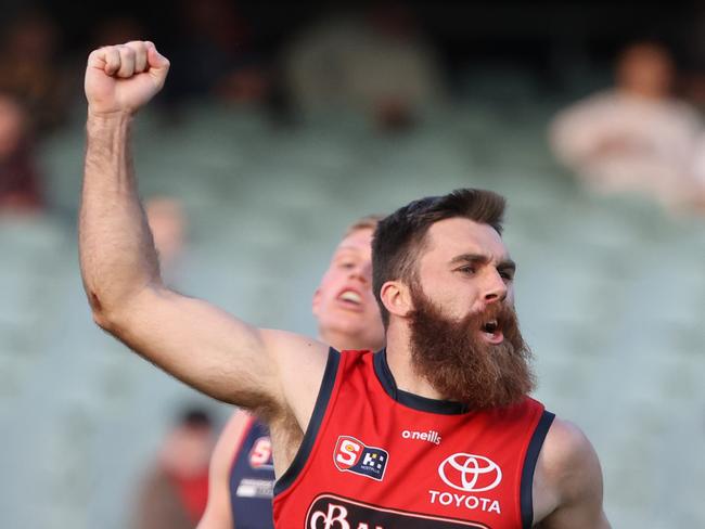 Isaya McKenzie from the Crows reacts after scoring a goal. Picture: David Mariuz