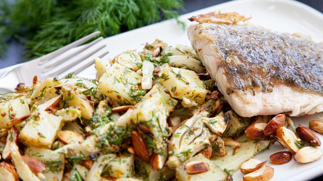 Barramundi with warm roast veggie and almond salad.