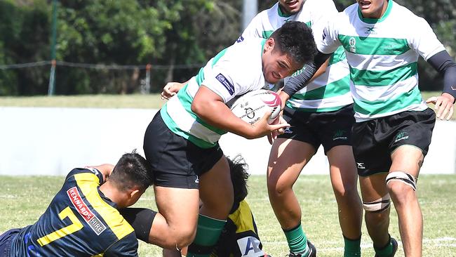 Sunnybank player Sam Mataafa with the ball. Colts 1 rugby match between Sunnybank and Bond University. Saturday April 24, 2021. Picture, John Gass