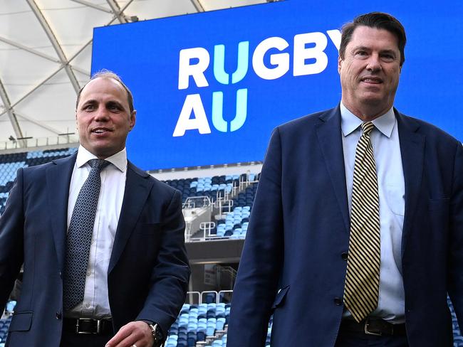 Former Australian player Phil Waugh (L) speaks with Chairman of the Board of Directors of the Australian Rugby Union Hamish McLennan during a press briefing in Sydney on June 6, 2023, after he was named chief executive of the national governing body Rugby Australia. (Photo by SAEED KHAN / AFP) / -- IMAGE RESTRICTED TO EDITORIAL USE - STRICTLY NO COMMERCIAL USE --