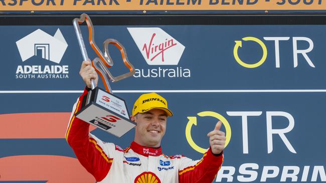 A supplied image obtained on Sunday, August 25, 2019, of Supercars driver Scott McLaughlin after winning the OTR SuperSprint The Bend Event 10 of the Virgin Australia Supercars Championship at Tailem Bend, South Australia. (AAP Image/Supplied by Edge Photographics, Mark Horsburgh) NO ARCHIVING, EDITORIAL USE ONLY