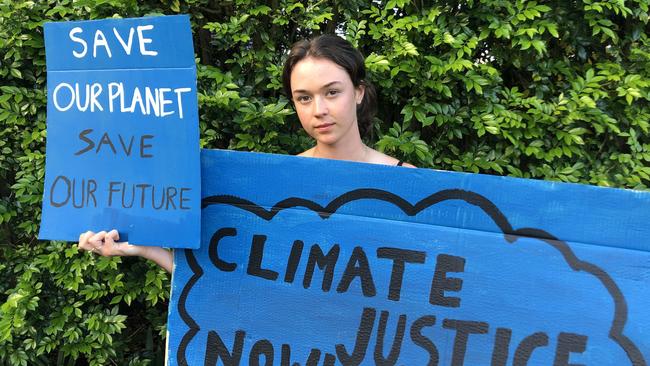 Northern Beaches Secondary College (NBSC) Manly Selective Campus Year 9 student Vivienne Paduch is protesting alongside others involved with the school Strike 4 Climate Action group, outside of Parliament House on Friday. Picture: Supplied