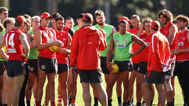 Swans head coach John Longmire talks to players during a training session at Lakeside Oval last week Picture: Getty Images