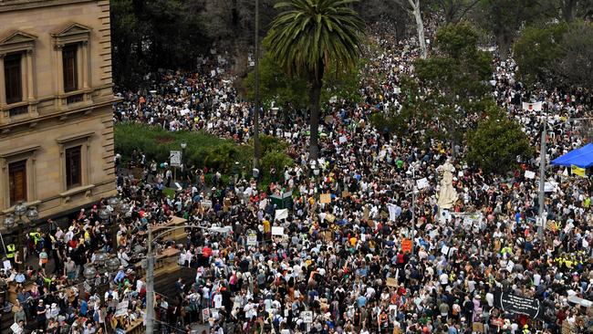 Protesters flocked to Melbourne’s Treasury Gardens at 2pm. Picture: James Ross/AAP.