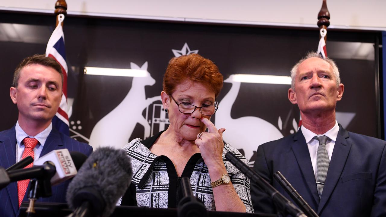 Senator Hanson with James Ashby, left, and One Nation’s former Queensland parliamentary leader Steve Dickson, after the Al-Jazeera investigation was aired. Picture: AAP.