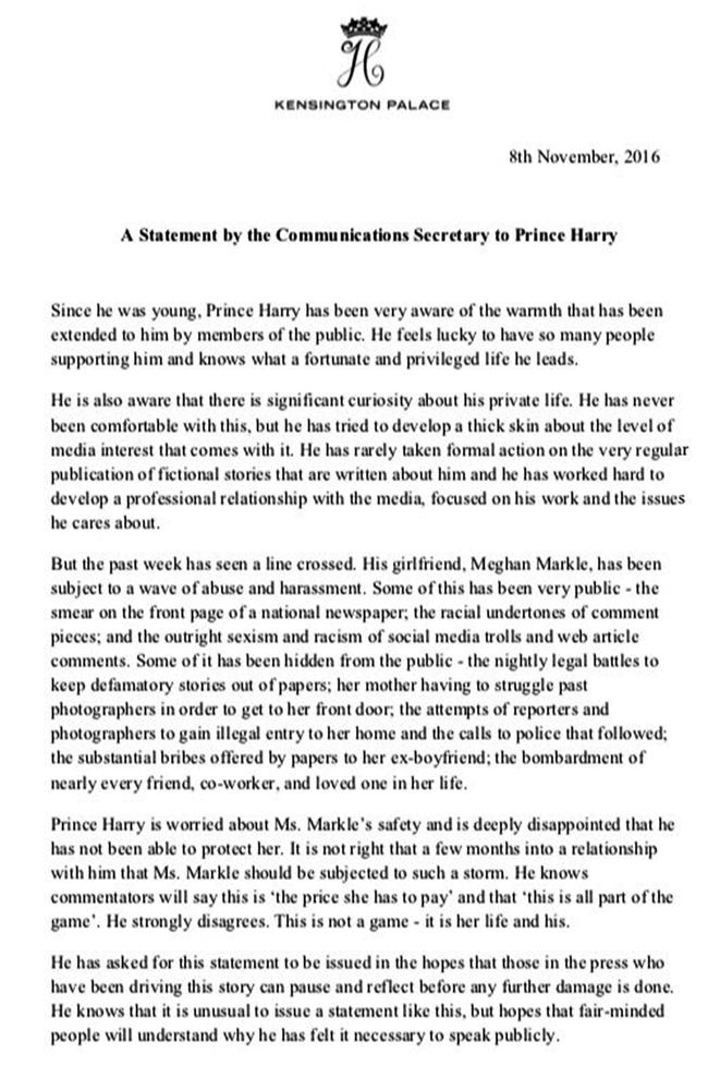 Statement from Kensington Palace regarding Prince Harry and Meghan Markle.