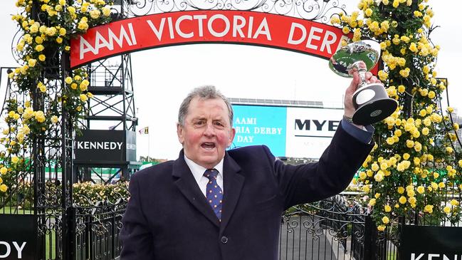 Denis Pagan was speechless after Johnny Get Angry’s win in the Victoria Derby. Picture: Getty Images