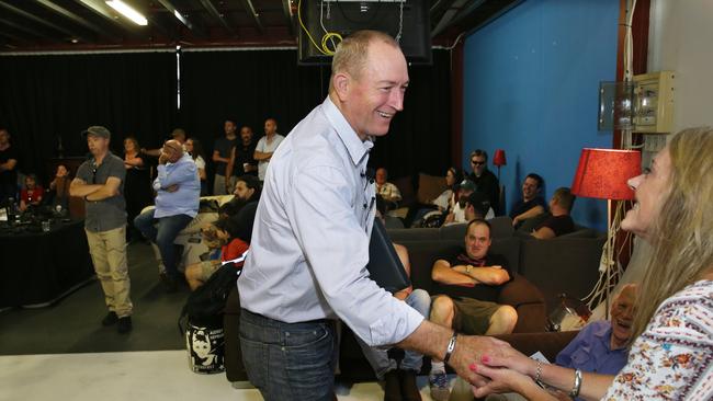 Senator Fraser Anning of the Conservative National Party meets with supporters before addressing a political meeting in Moorabbin, Melbourne last night. Picture: AAP 