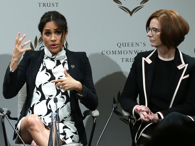 Meghan, Duchess of Sussex and former Australian PM Julia Gillard attend a panel discussion convened by the Queen's Commonwealth Trust to mark International Women's Day on March 8, 2019 in London. Picture: Getty