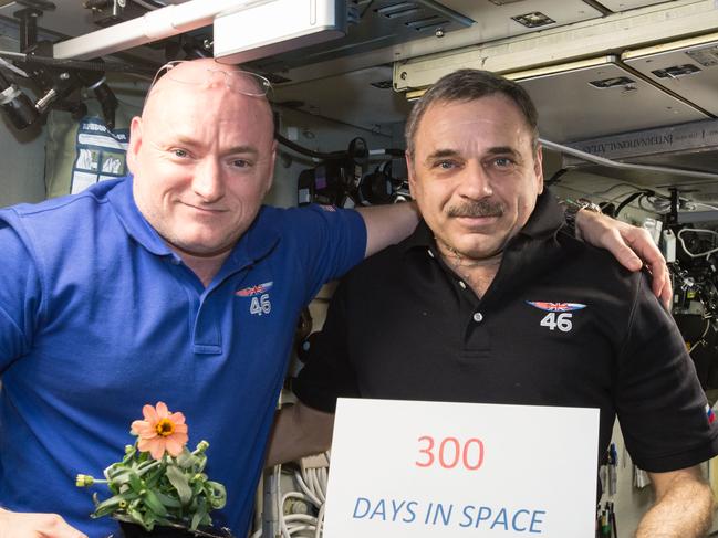 Astronaut Scott Kelly and Mikhail xx at the ISS. Kelly shows a zinnia grown in space.Picture: NASA