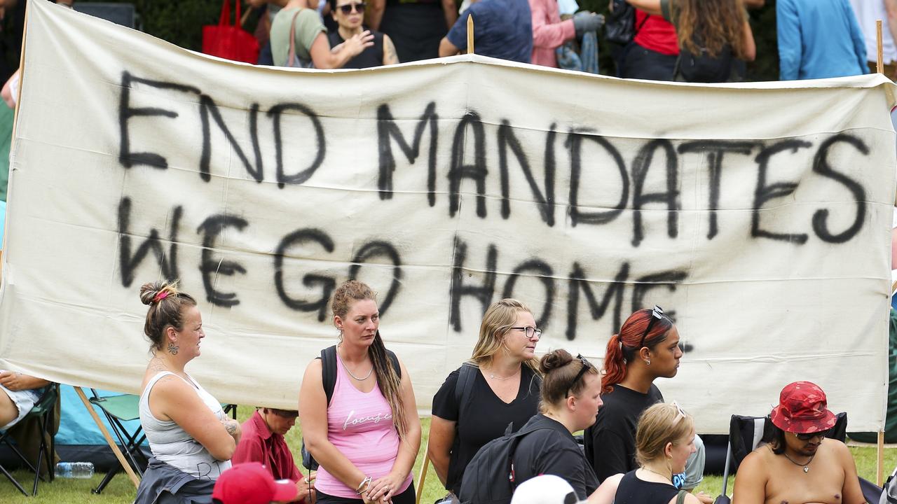 Protesters outside New Zealand parliament. Picture: Hagen Hopkins/Getty Images