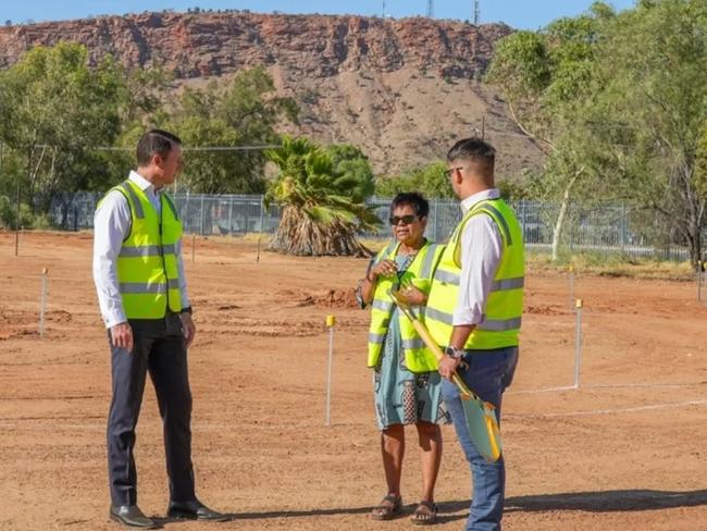 Alice Springs Town Council chief executive Andrew Wilsmore, Labor Lingiari MP Marion Scrymgour, and Alice Springs Town Council Mayor Matt Paterson at the sod turning ceremony at Newland Park, Alice Springs, Tuesday January 28, 2025. Picture: Facebook/Matt Paterson