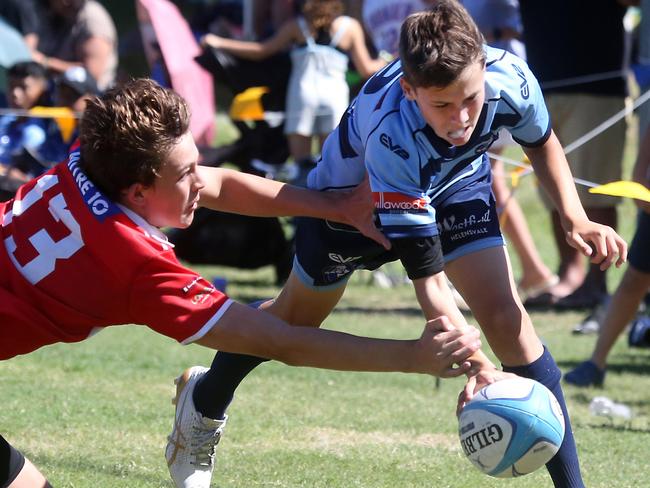 Day two of the King of the Country Rugby Union competition.Pay off between Helensvale Hogs (blue) and Nambour Toads.Photo of Coby Hill scoring.8 April 2023 Southport Picture by Richard Gosling