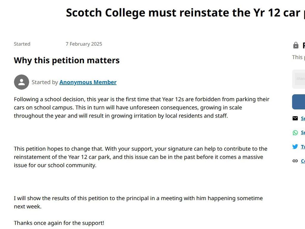 The change.org petition is calling for the reinstatement of the year 12 car park.