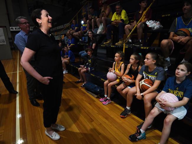 TOWNSVILLE, AUSTRALIA - NewsWire Photos - OCTOBER 8, 2020. Queensland Premier Annastacia Palaszczuk smiles as she meets young basketball players on arrival to the Murray Sporting Complex in Townsville. Ms Palaszczuk announced a $566,000 upgrade to the facility should Labor win government on October 31. Picture: NCA NewsWire / Dan Peled