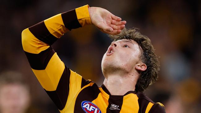 MELBOURNE, AUSTRALIA - SEPTEMBER 06: Jack Ginnivan of the Hawks celebrates a goal during the 2024 AFL Second Elimination Final match between the Western Bulldogs and the Hawthorn Hawks at The Melbourne Cricket Ground on September 06, 2024 in Melbourne, Australia. (Photo by Dylan Burns/AFL Photos via Getty Images)