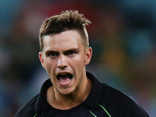 Australia's Cameron Boyce celebrates after taking the wicket of South Africa's Rilee Rossouw caught by Australia's Sean Abbott during the Australia v South Africa T20 International cricket match at ANZ Stadium, Sydney. Pic Brett Costello