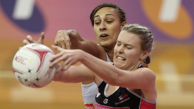 Sasha Galsgow in action against Collingwood’s Geva Mentor in 2019. Picture: Sarah Reed