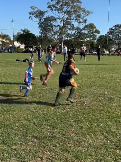 A six-year-old Queensland boy has gone viral after dominating a junior footy match. Picture: TikTok