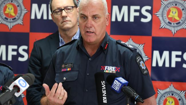 Emergency Services Minister Corey Wingard, behind MFS Chief Officer Michael Morgan. Picture: AAP Image/Dean Martin