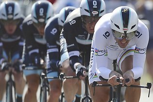 <p>Switzerland's four-time time trial world champion Fabian Cancellara leads the Leopard-Trek team over the closing kilometres.</p>