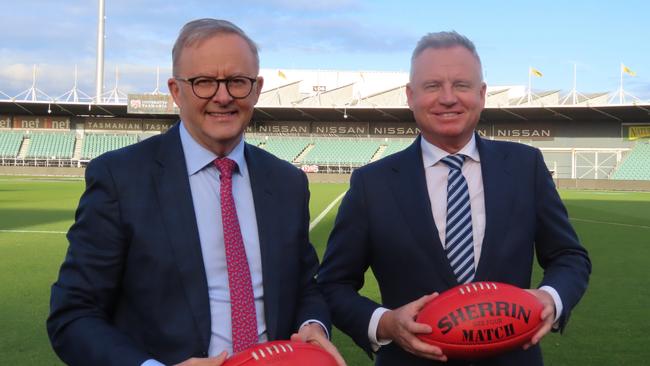 PM Anthony Albanese and Tasmania premier Jeremy Rockliff at Friday's announcement of federal funding to upgrade Launceston's UTAS Stadium. Picture: Jon Tuxworth