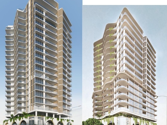 The Changfa development on the corner of the Gold Coast Highway and Palm Beach Avenue at Palm Beach showing the new tower and the original taller one.