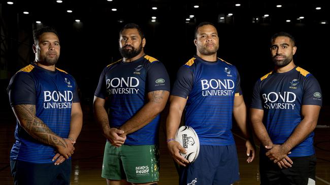 Bond University‘s Lloyd Johansson, Salesi Manu, Eti Aholelei, Tautalatasi Tasi. Picture: Jerad Williams