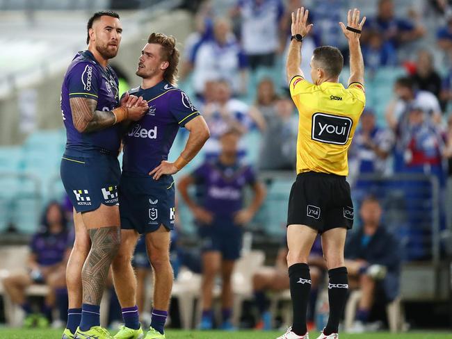 Melbourne prop Nelson Asofa-Solomona is sent to the sin bin during the round five NRL match between the Canterbury Bulldogs and the Storm at Stadium Australia. Picture: Mark Metcalfe/Getty Images