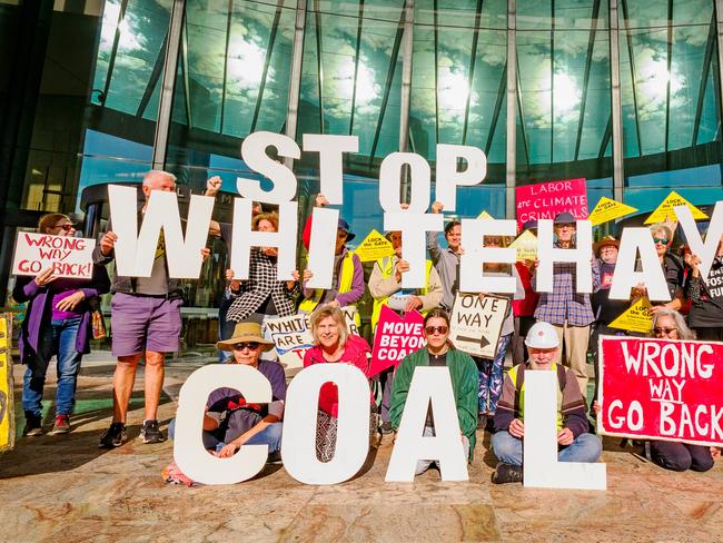 Protests outside 1 William St, Brisbane featuring Koko the Koala from May, 2023, concerning the Qld Gov approval of Whitehaven's Winchester Coal South coal mine.